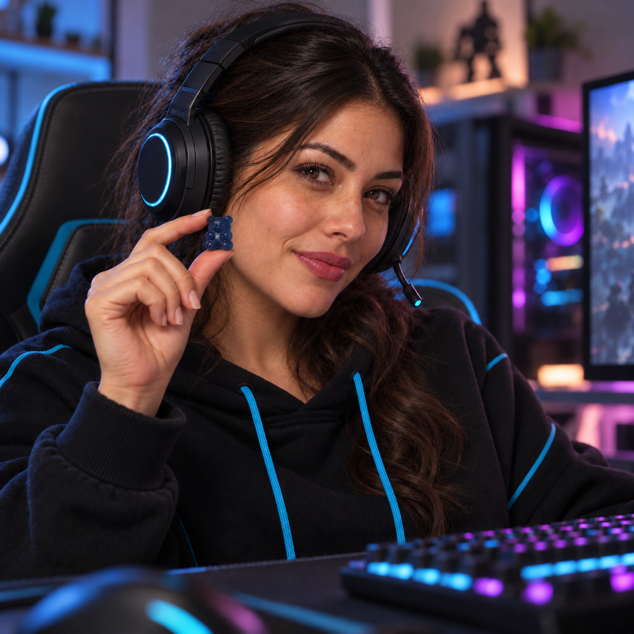 Gamer holding a blue gummy at her gaming setup